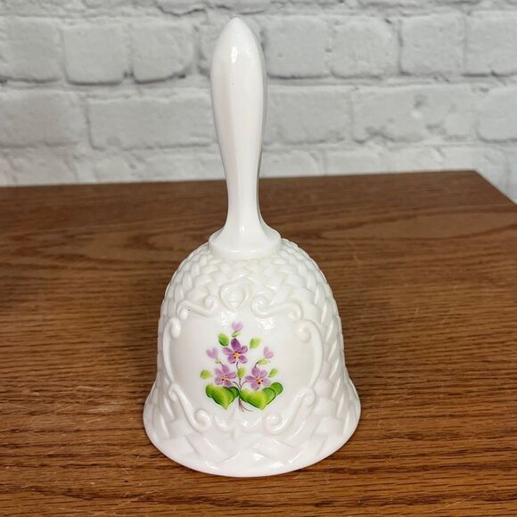 PRICE DROP Fenton Vtg white milk glass bell handpainted, violets in snow - Picture 4 of 5